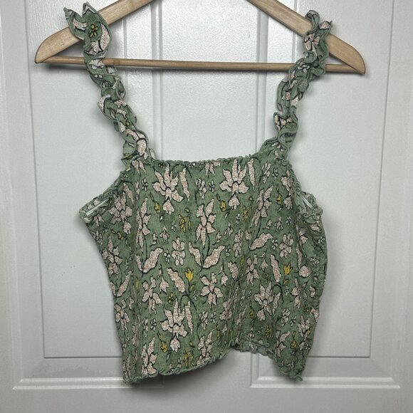 Aerie Jungle Thrills‎ Green Floral Smocked Crop Tank Top, Ruffle Straps in Large - Picture 1 of 8
